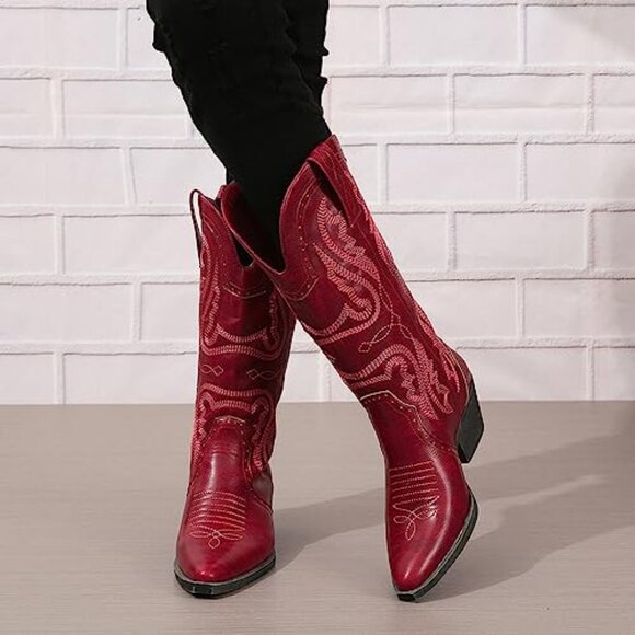 Women's Cowboy Boots Mid Calf Western Embroidered Pointed Toe Block Heel - Picture 6 of 8